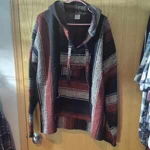 Source Unknown Striped Hooded Baja Sweater in Rust, Black and Cream